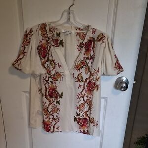 Rose & Olive Cream Blouse with Pink and Gold Floral Embroidery